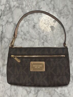 Michael Kors brown & tan monogrammed Small Bag, Wristlet, Clutch gold hardware